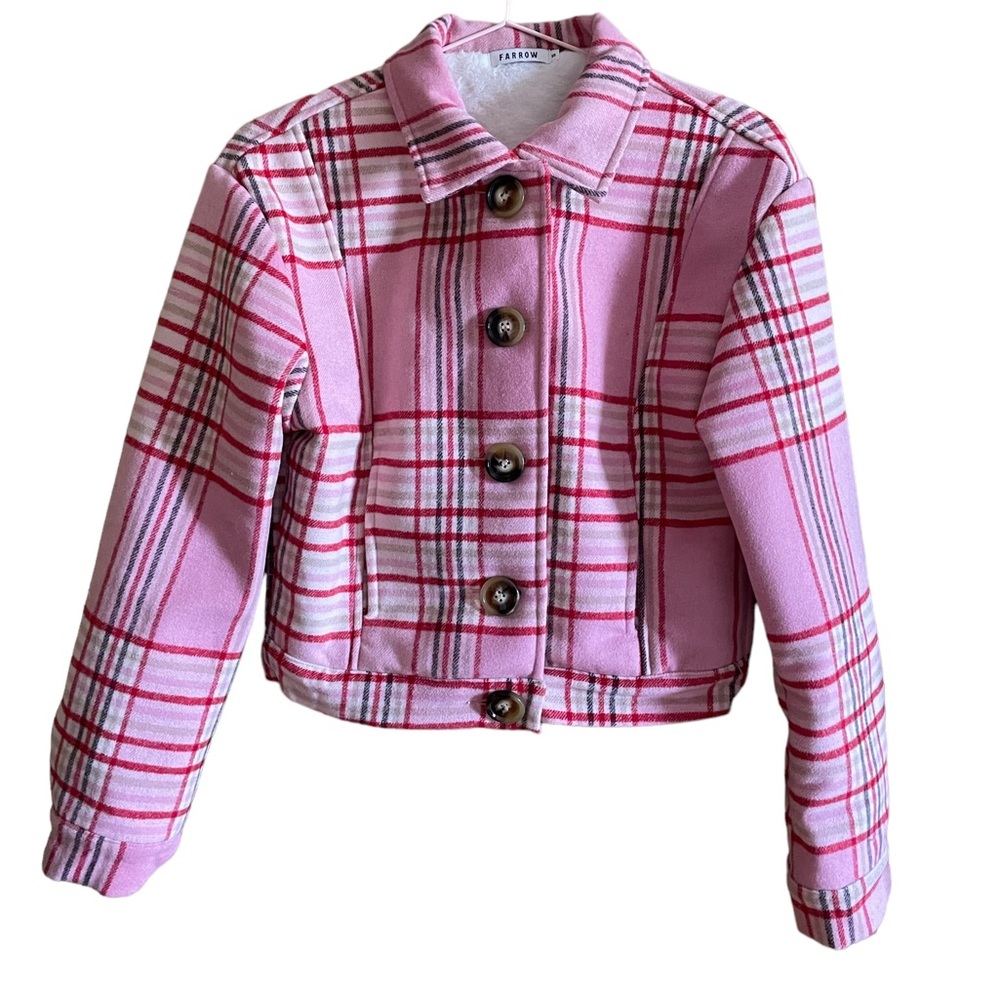 Bubble gum pink and red plaid button up coat with a faux fur lining